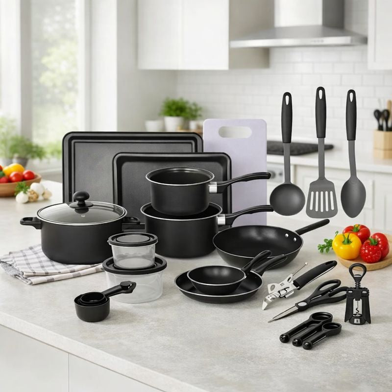 Set Bucatarie Complet, 22 Piese cu Oale, Tigai, Wok, Tavi si Accesorii pentru Gatit, Negru