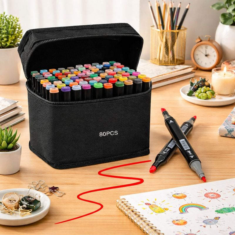 Set 80 markere colorate cu varf dublu, geanta depozitare