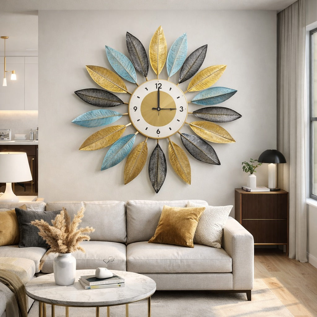 Ceas decorativ de perete cu frunze metalice 45 cm, Mecanism Silentios, Multicolor