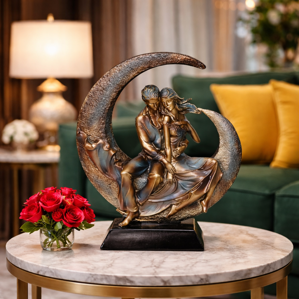 Statueta Decorativa, Cuplu Indragostiti, pe Semiluna, din Rasina, 40 x 30 x 10 cm