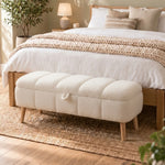 Bancheta Tapiata Boucle Alb-Crem cu Depozitare 90x35x45cm Design Scandinav