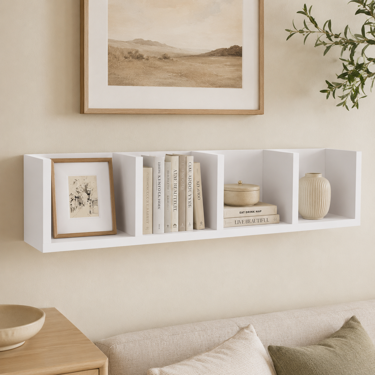 Raft suspendat din PAL 90,5x17,8x17 cm, cu 4 compartimente, pentru carti si decoratiuni