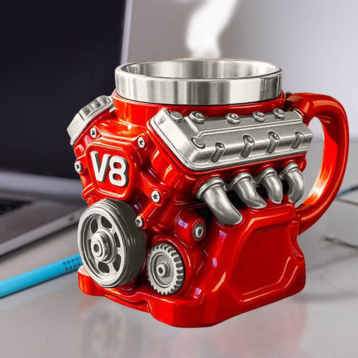 Cana V8 Engine 200 ml din otel inoxidabil cu design motor 3D mecanic