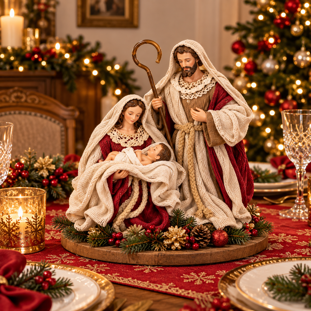 Statuetă Nașterea Domnului Premium din Rășină, Sfânta Familie, 21 × 11 × 23 cm, Crem și Roșu Burgundy - detaliu produs