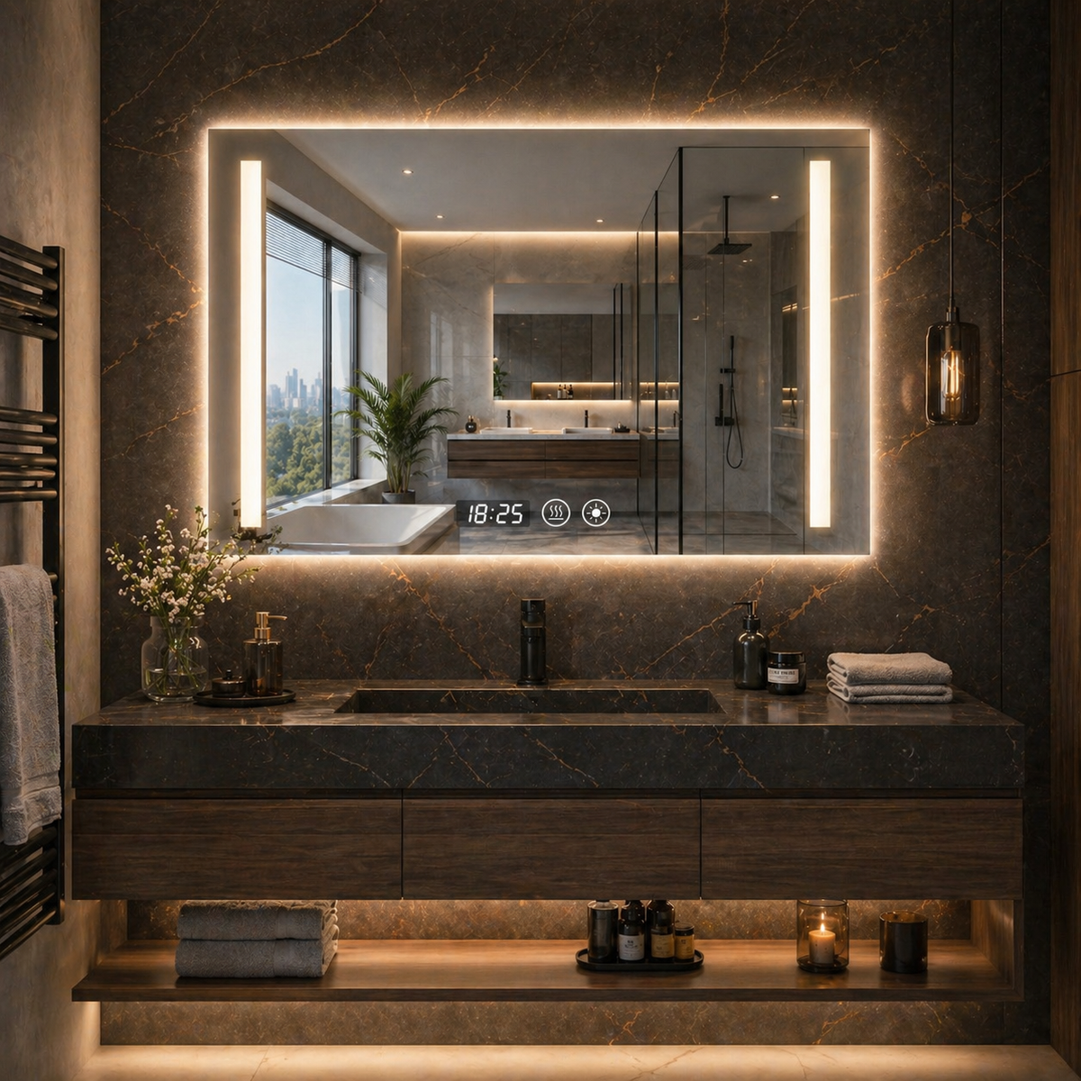 Oglinda LED 90x70 cm cu iluminare reglabila, antiaburire si ceas digital – design modern premium