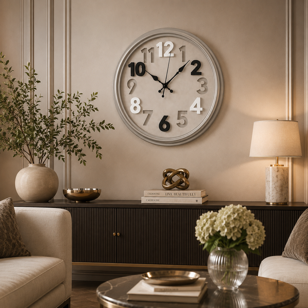 Ceas de Perete Modern Rotund Argintiu Cifre 3D 40cm Design Contemporan - in context de utilizare