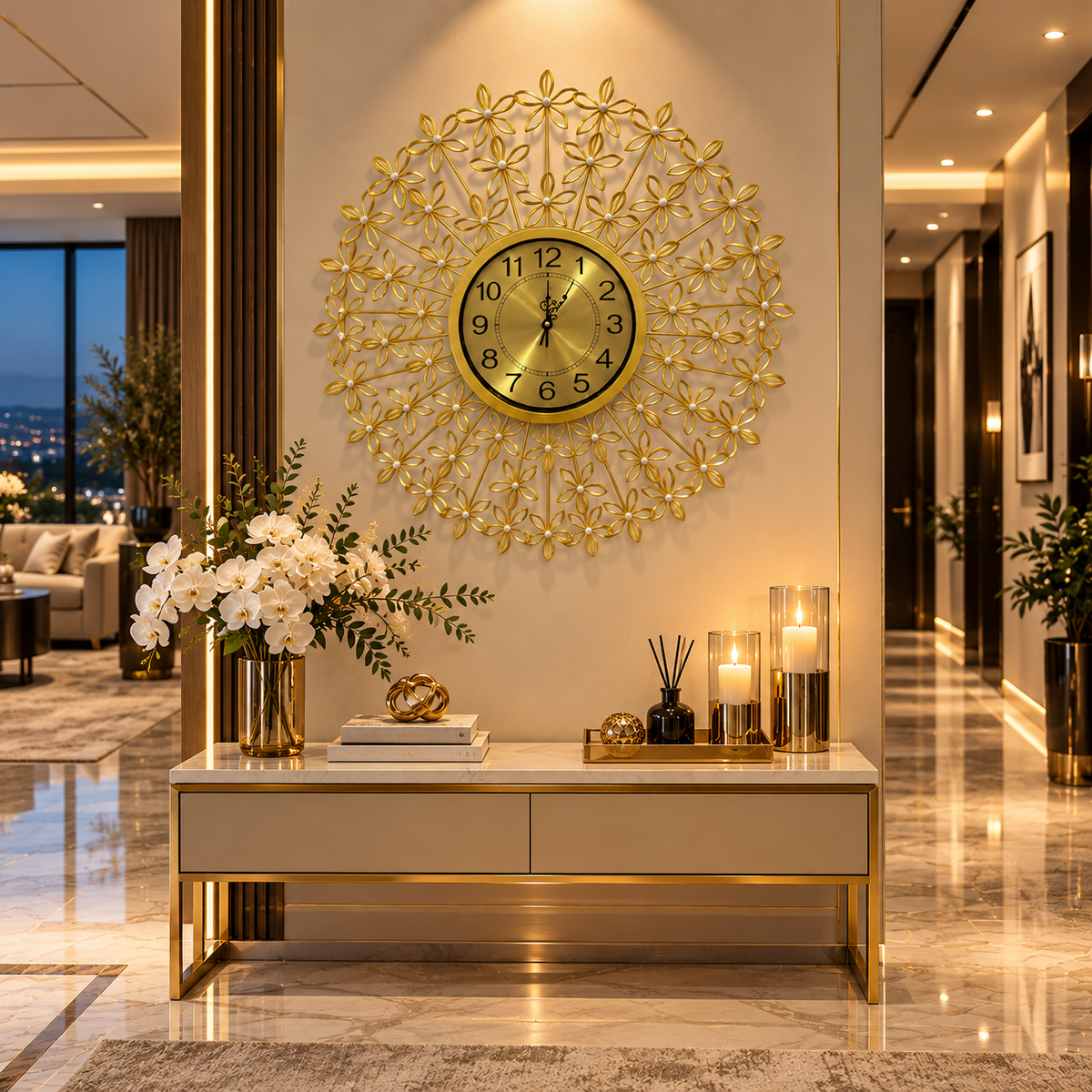Ceas de Perete Decorativ Premium Floral, Auriu, cu Elemente 3D și Cristale, Ramă Metalică și Geam din Sticlă – Ø 65 cm - detaliu produs