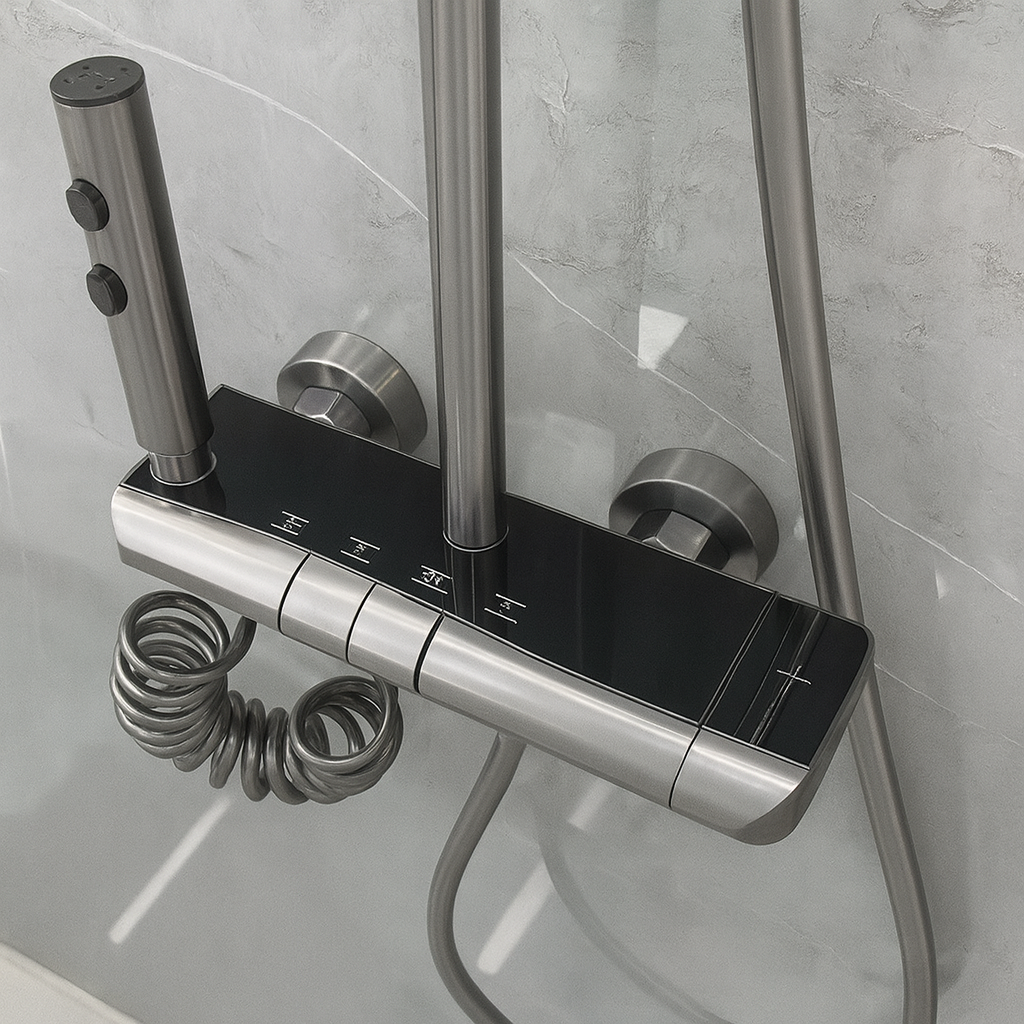 Set Coloana Dus Premium, 4 Functii, Butoane Piano, Tip Ploaie Relaxanta, Design Modern, Negru