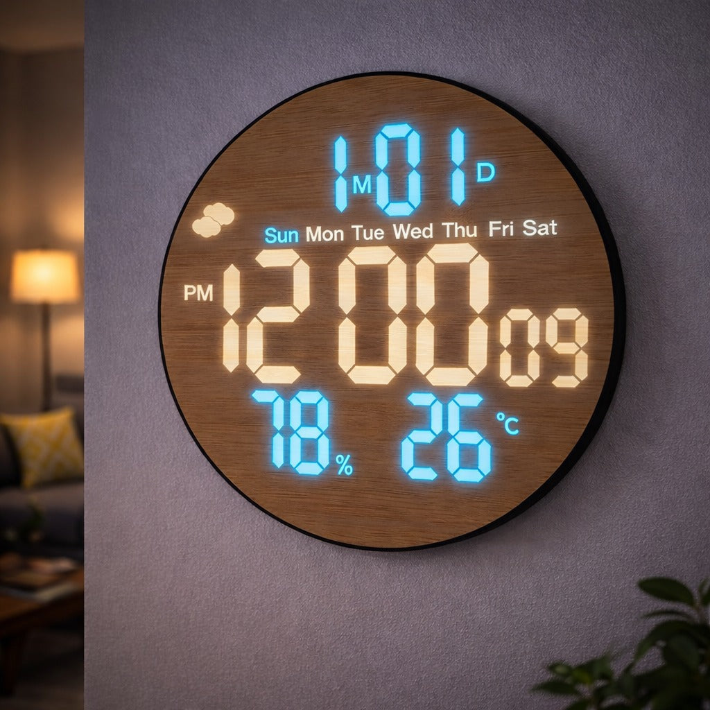 Ceas digital LED de perete, design lemn, 26 cm, cu telecomanda