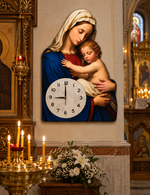 Ceas de perete religios din lemn – Iisus / Maica Domnului cu Pruncul – 40 × 60 cm