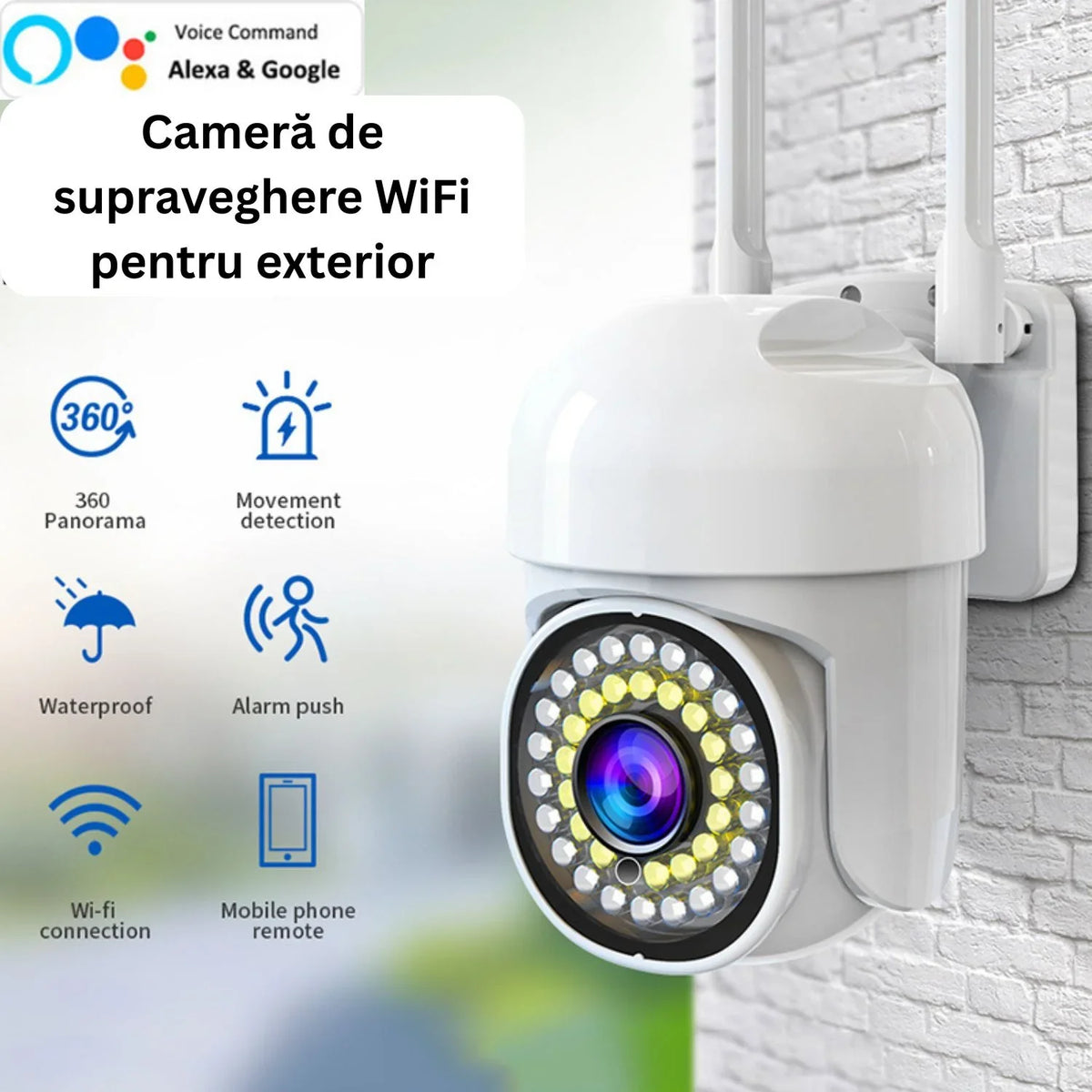 Camera de supraveghere WiFi pentru exterior cu Card 32GB Inclus, HD panoramica, vedere nocturna, audio bidirectional, rezistenta la apa, 2MP sau 3MP