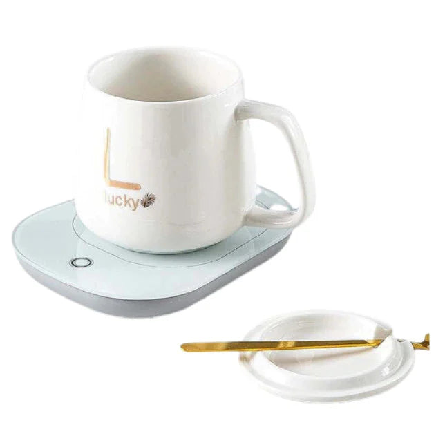 Set cadou Cana ceramica cu incalzitor, lingurita, temperatura constanta 55 grade, 220V, 400 ml
