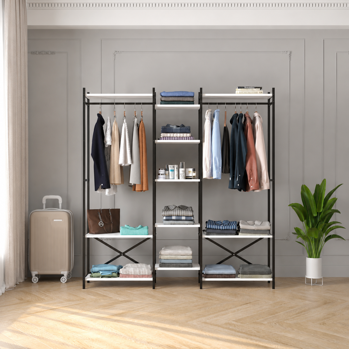 Dressing Deschis Suport de Haine cu 10 Polite pentru Haine, Incaltaminte si Depozitare, 172 x 34 x 181 cm