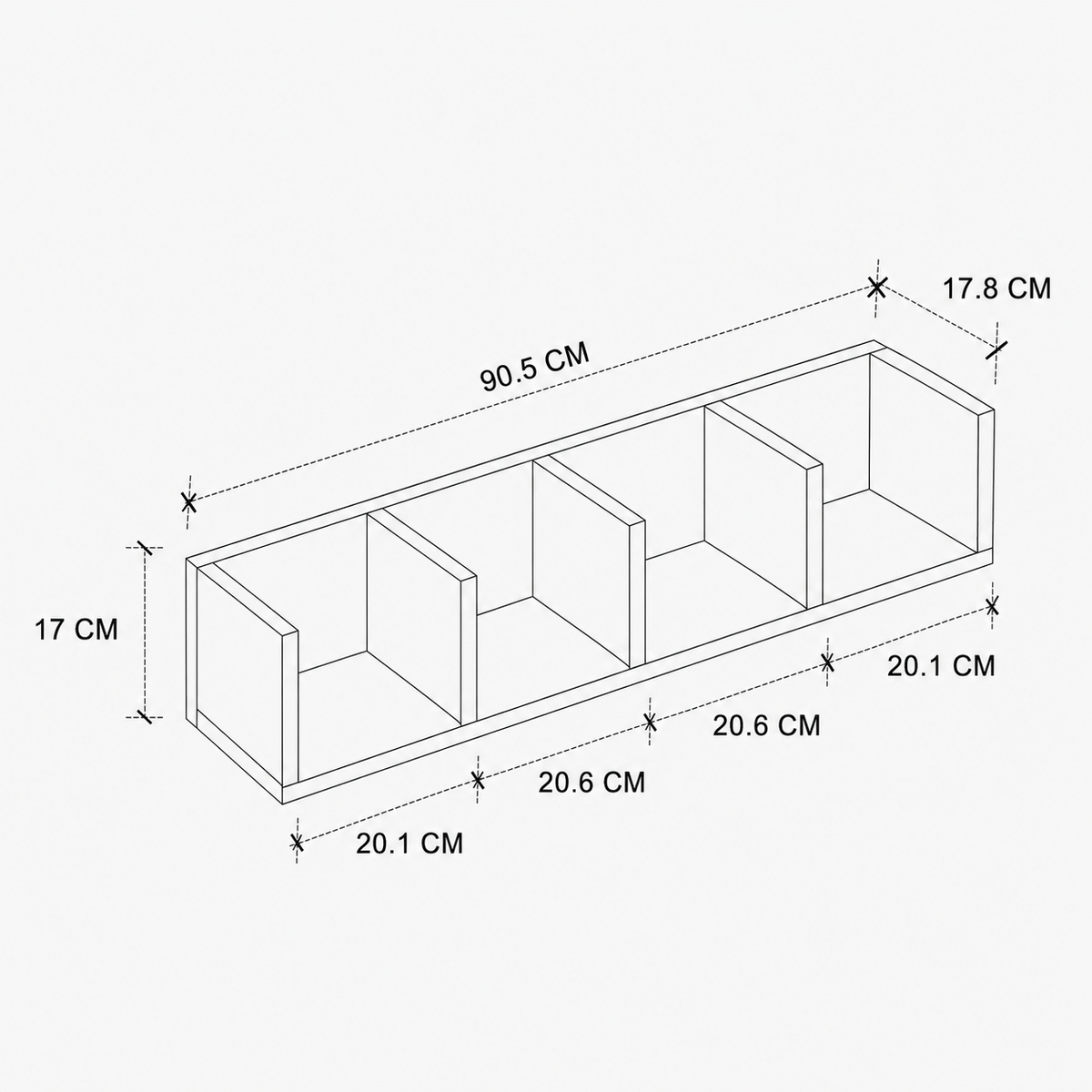 Raft suspendat din PAL 90,5x17,8x17 cm, cu 4 compartimente, pentru carti si decoratiuni