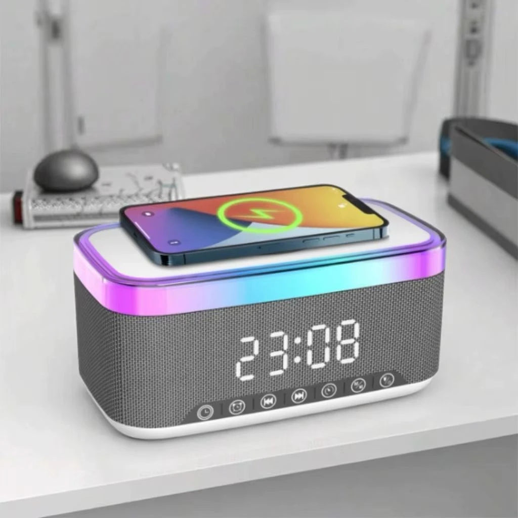 Ceas Digital 6in1 cu Incarcare Wireless 15W Boxa Bluetooth Lampa LED Radio FM - detaliu produs