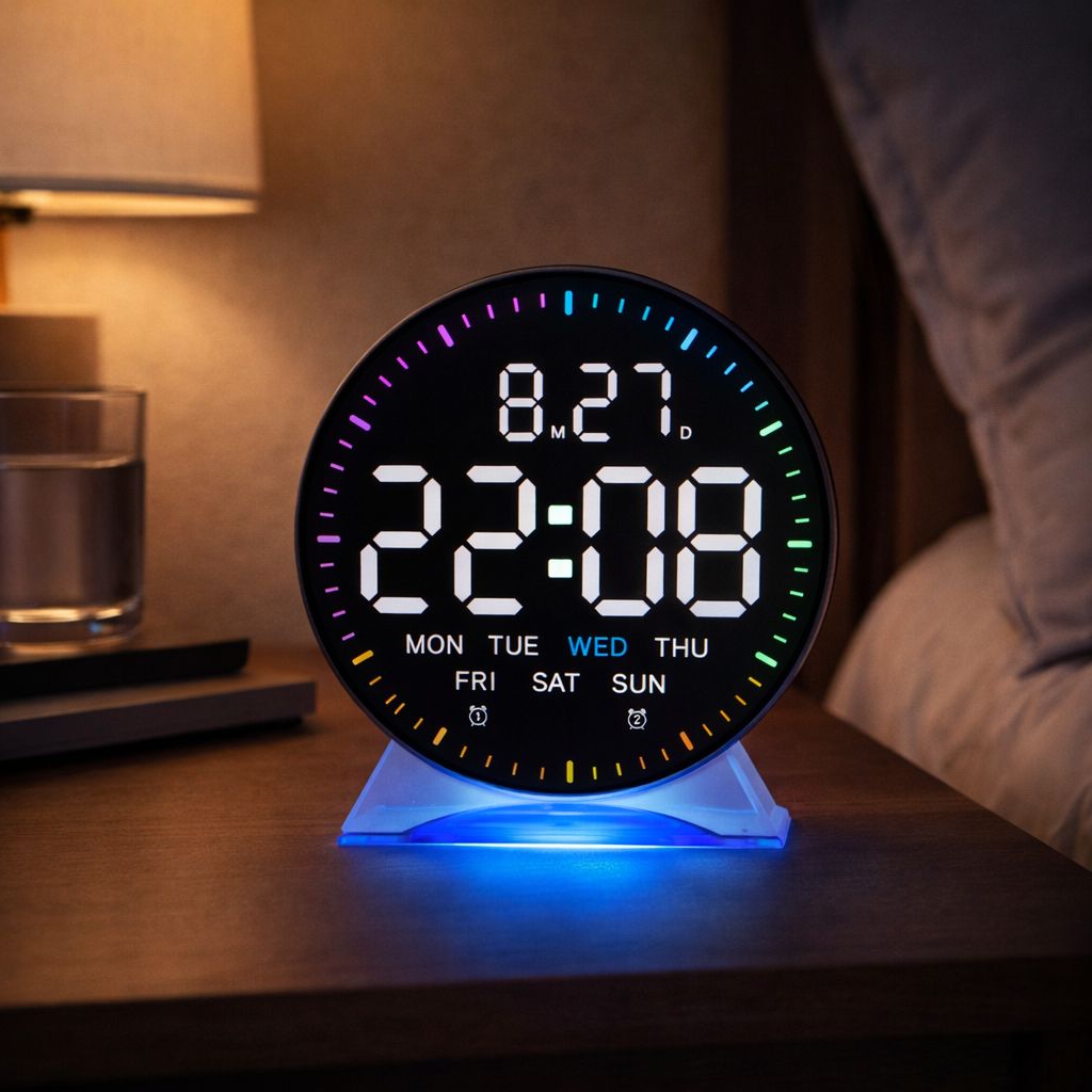 Ceas digital LED inteligent cu calendar complet alarma si iluminare ambientala, 12cm