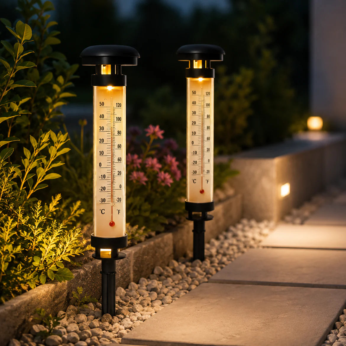 Set 2 Termometre Solare de Gradina cu Lampa LED Afisaj Dual Celsius Fahrenheit 35cm Negru - detaliu produs