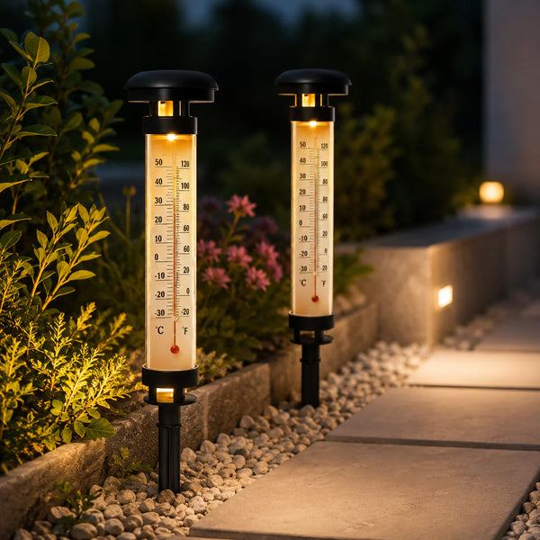 Set 2 Termometre Solare de Gradina cu Lampa LED Afisaj Dual Celsius Fahrenheit 35cm Negru - in context de utilizare