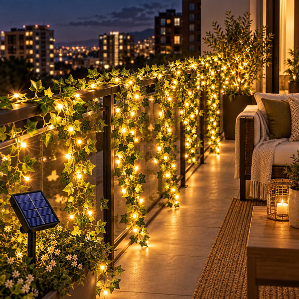 Instalatie solara LED tip iedara cu frunze artificiale lumina calda 7m 50 LED-uri sau 12m 100 LED-uri - in context de utilizare