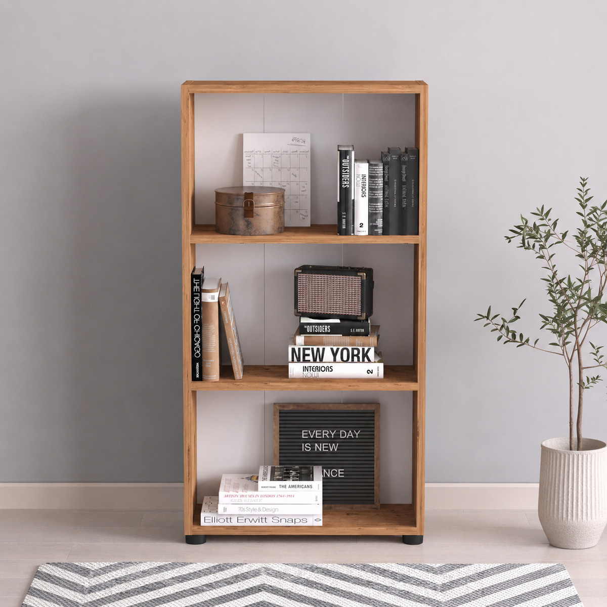 Biblioteca din PAL 55,3x20x106,2 cm, cu 3 rafturi, pentru carti si decoratiuni