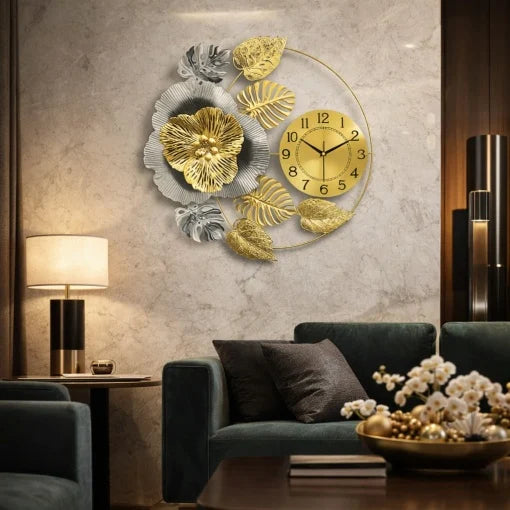 Ceas de perete decorativ floral auriu argintiu, 60 cm