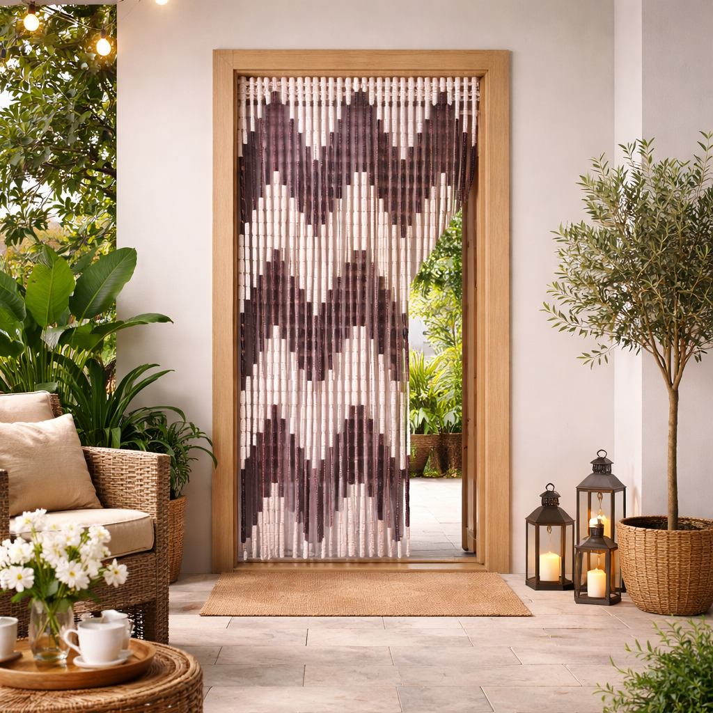 Perdea anti insecte tip margele PVC 90 x 200 cm, crem/maro, protectie si decor pentru usa