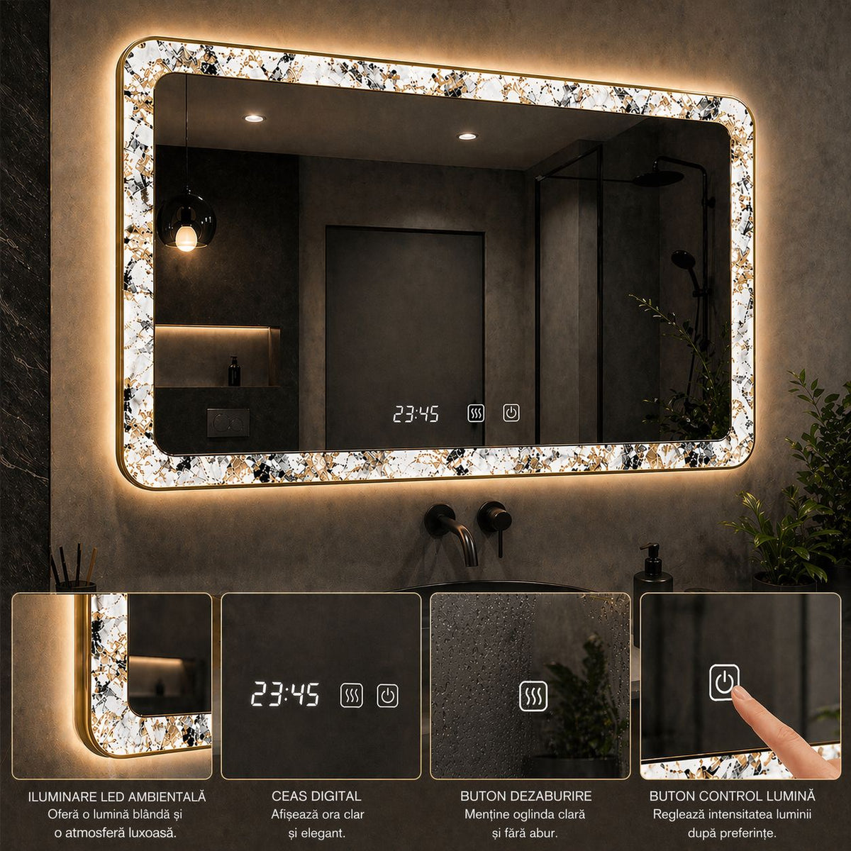 Oglinda LED 90x70 cu Model Decorativ pe Margini Iluminare Ambientala Touch Dezaburire si Ceas Digital