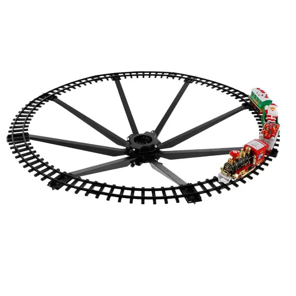 Set Tren Electric de Craciun  pentru Brad, Lumini si Sunete, 22 Piese, Locomotiva, Vagon Carbune, Sanie Mos Craciun si Sine