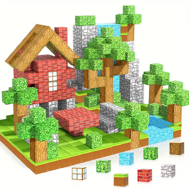Blocuri magnetice de constructie 3D tip Minecraft, 2.5 cm, 75 piese