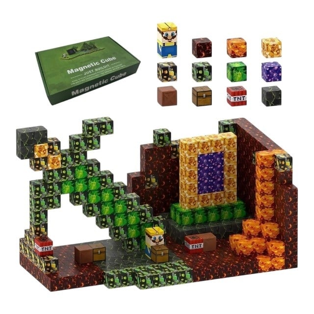 Blocuri magnetice de constructie 3D tip Minecraft, 2.5 cm, 75 piese