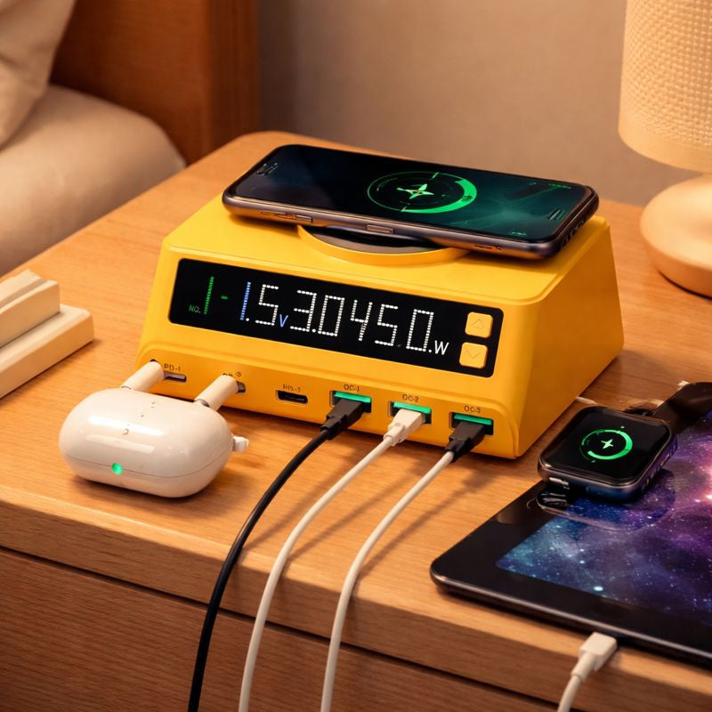 Statie de incarcare wireless M9A 110W cu 6 porturi USB si afisaj LED – Galben