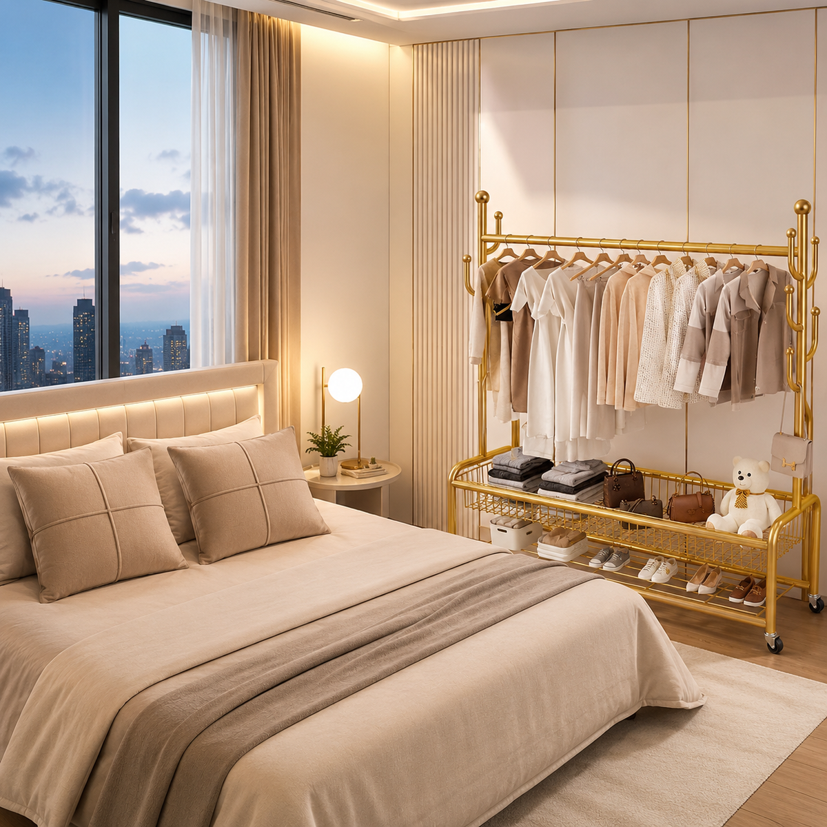 Cuier Metalic Auriu cu Bara Haine si Cos Depozitare 170cm - Design Modern - detaliu produs