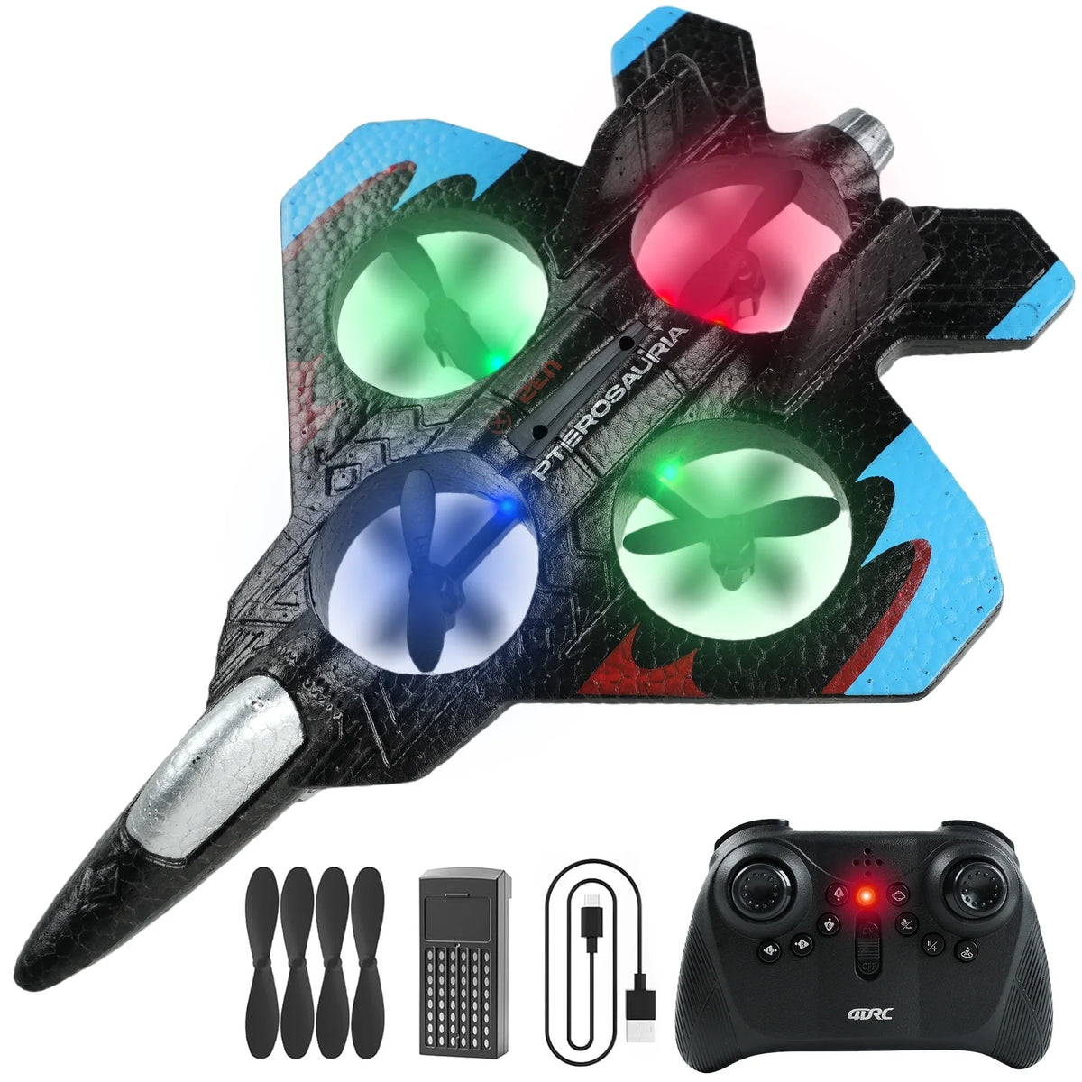 Avion cu telecomanda, acrobatii 360, lumini LED, albastru, 4.6 x 19.5 x 25.5 cm,