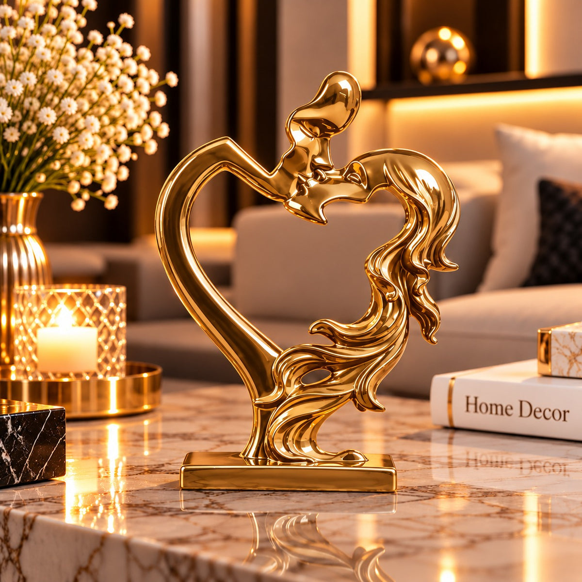 Statuetă Decorativă „Sărutul Iubirii”, Cuplu în Formă de Inimă – 17,5 × 7 × 4,5 cm