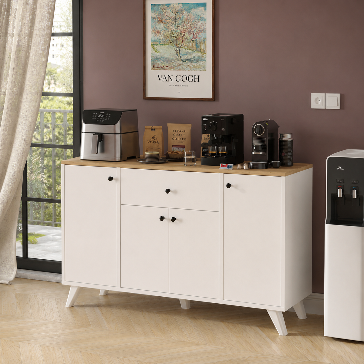 Dulap multifunctional 120x43,4x89 cm, cu 4 usi si sertare, pentru bucatarie, camara sau colt de cafea, alb