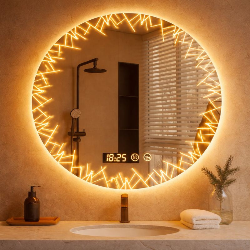 Oglinda LED baie cu dezaburire, ceas si termometru, 60cm
