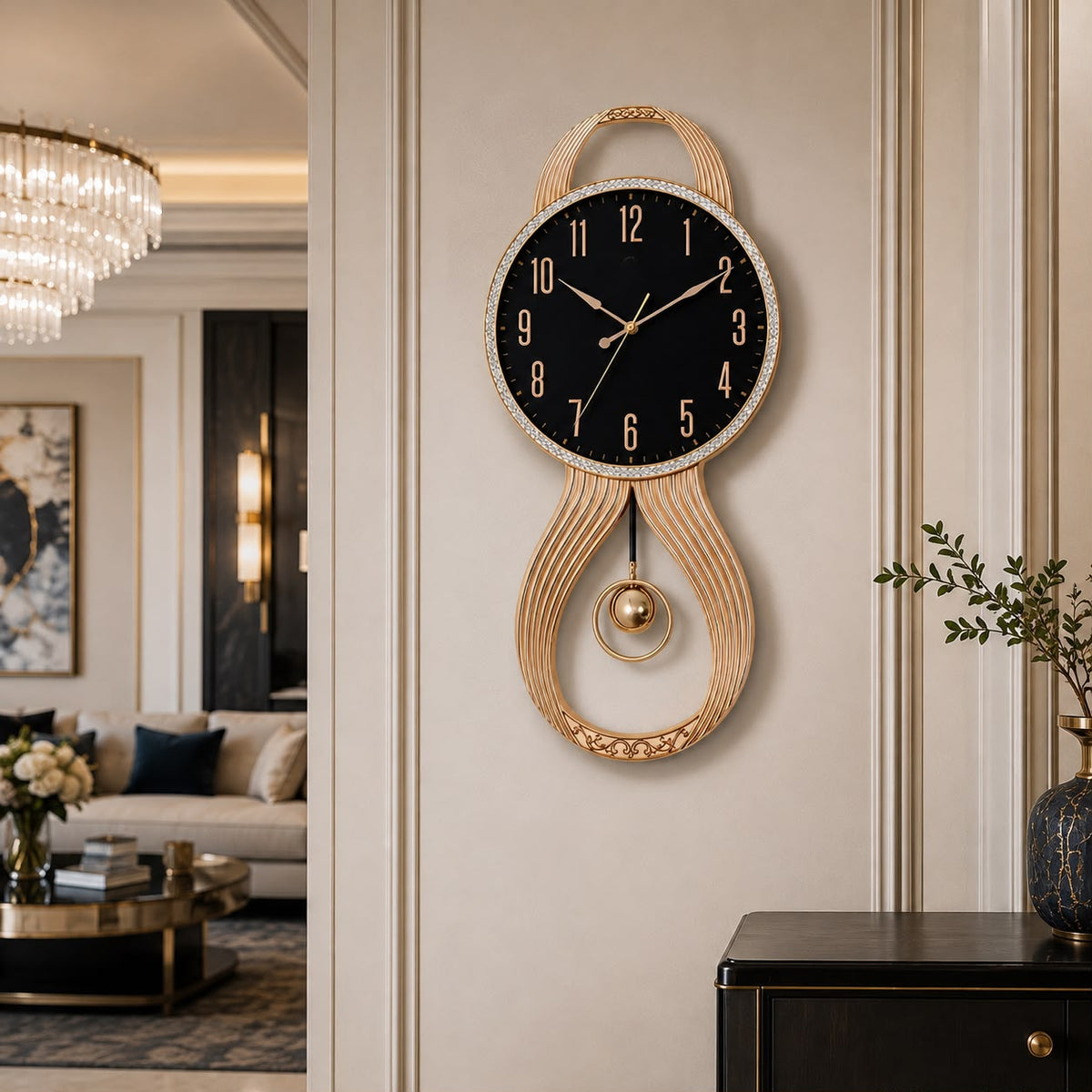 Ceas de Perete cu Pendul Design Elegant Negru Auriu Mecanism Quartz - imagine principala