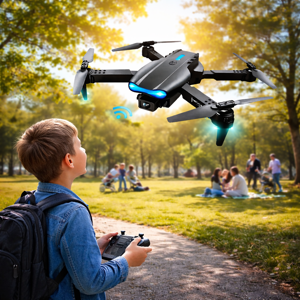 Drona E99, 4K, Camera duala, Conectare WiFi Aplicatie telefon mobil, Brate pliabile, Pozitionare flux optic evita obstacolele,  Geanta de Depozitare, Incarcare USB, Pentru Copii si Adulti, Negru