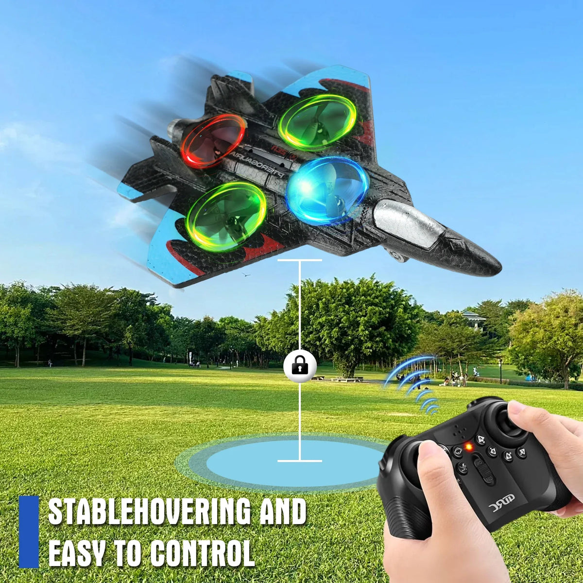 Avion cu telecomanda, acrobatii 360, lumini LED, albastru, 4.6 x 19.5 x 25.5 cm,