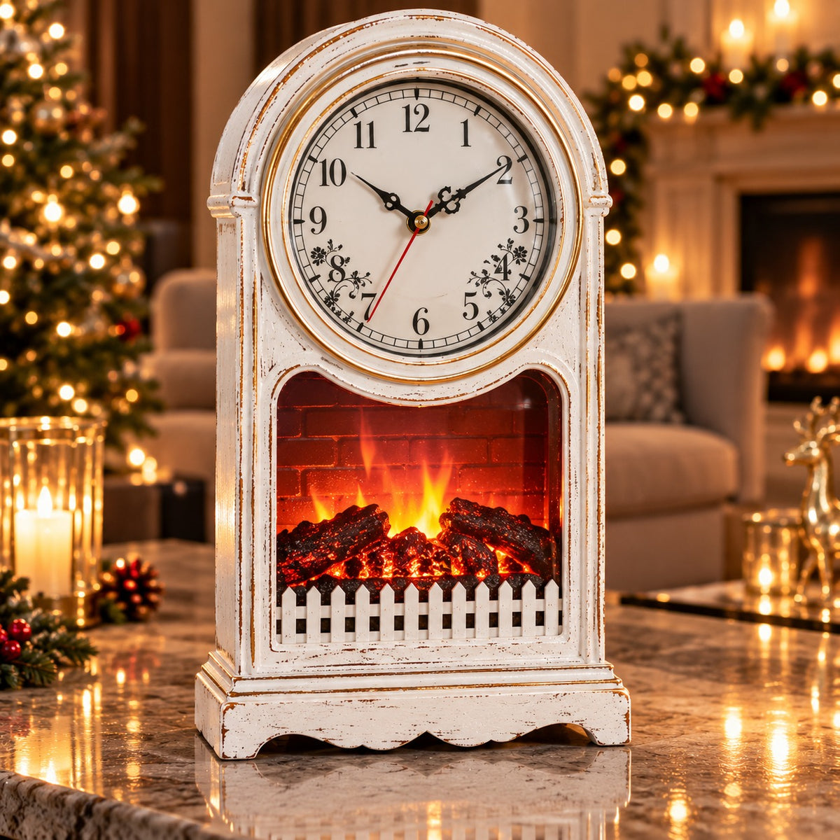 Ceas de Masă Premium cu Șemineu Decorativ, Efect de Flacără și Jar – 25 × 14 × 40 cm - imagine principala