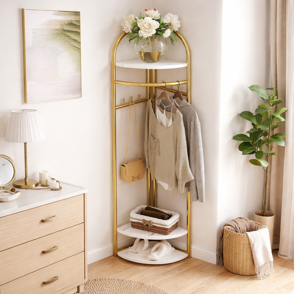 Cuier de colt, Metalic Auriu, cu Blaturi din MDF, 3 Rafturi, 6 Carlige, Inaltime 170 cm