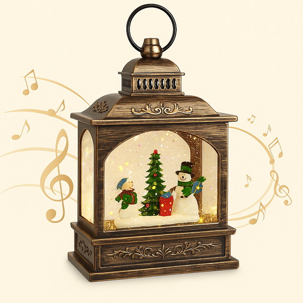 Glob de zapada muzical de Craciun cu om de zapada – lumini calde, efect de ninsoare si 8 melodii festive