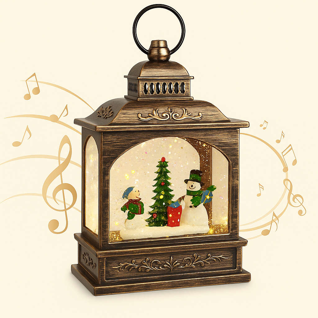 Glob de zapada muzical de Craciun cu om de zapada – lumini calde, efect de ninsoare si 8 melodii festive