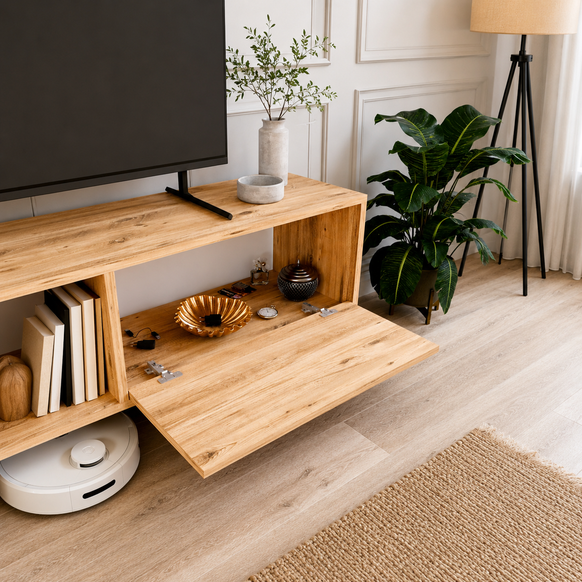 Comoda TV moderna cu rafturi, PAL E1 18 mm, 140 x 29,5 x 45 cm - detaliu produs