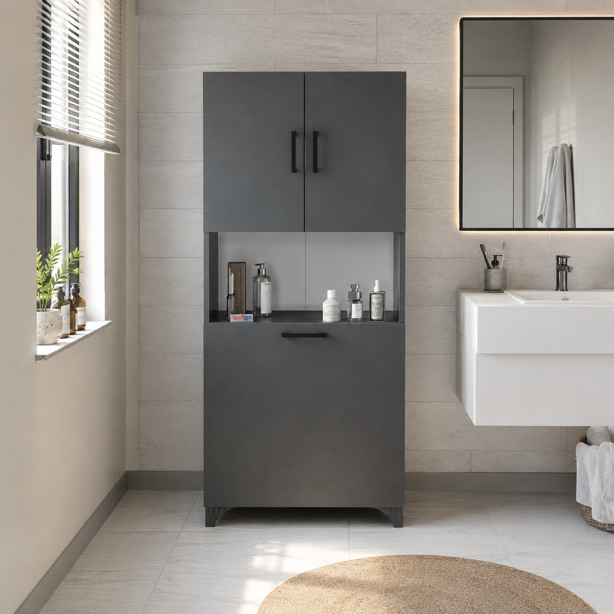 Dulap multifunctional pentru baie sau bucatarie, cu spatiu pentru cos de rufe, 60 x 33,8 x 153,6 cm