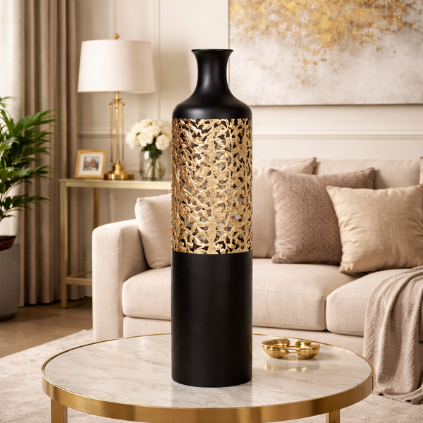 Vaza decorativa eleganta negru mat cu insertie aurie 15.5 x 73 cm