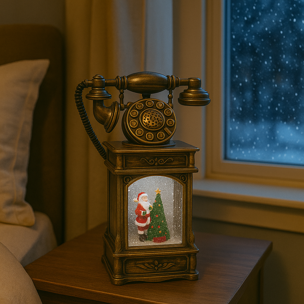 Decoratiune premium Nostalgic Phone, cu functii muzicale, lumina LED si zapada in miscare, Taina sosirii lui Mos Craciun, Maro bronz 32X17X8 cm,