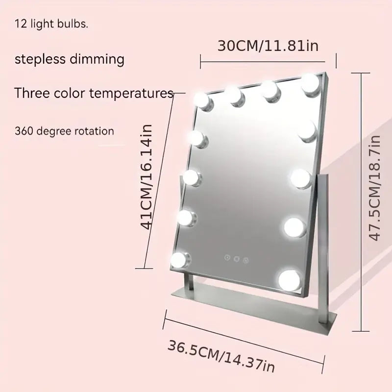 Oglinda machiaj profesionala cu suport metalic, Smart Touch, 9 becuri LED si 3 moduri de iluminare, 26 x 31cm
