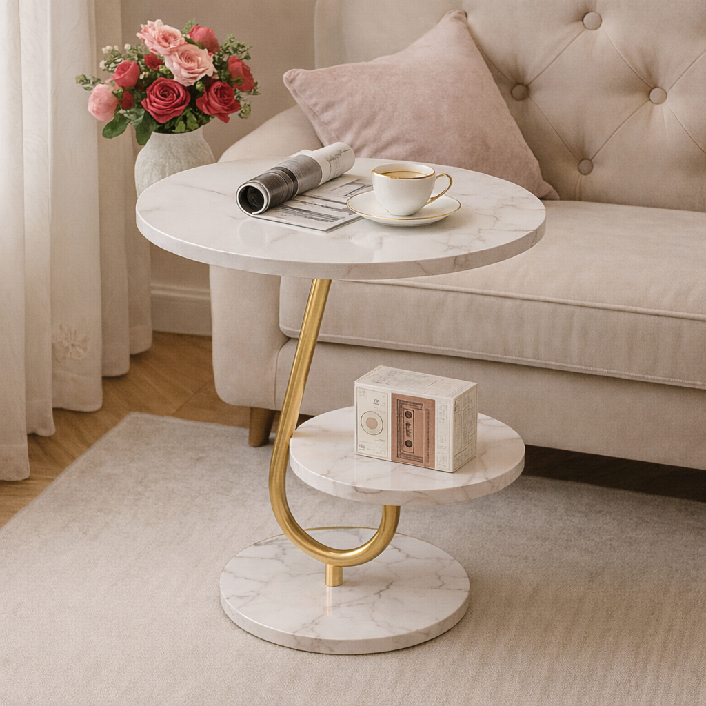 Masuta moderna cu blat tip marmura si raft inferior, cadru metalic auriu, design elegant 45 x 60 cm
