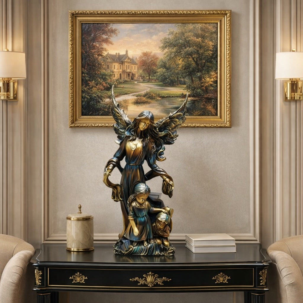 Statueta decorativa inger protector cu copii – eleganta si simbol al protectiei divine, 30 cm